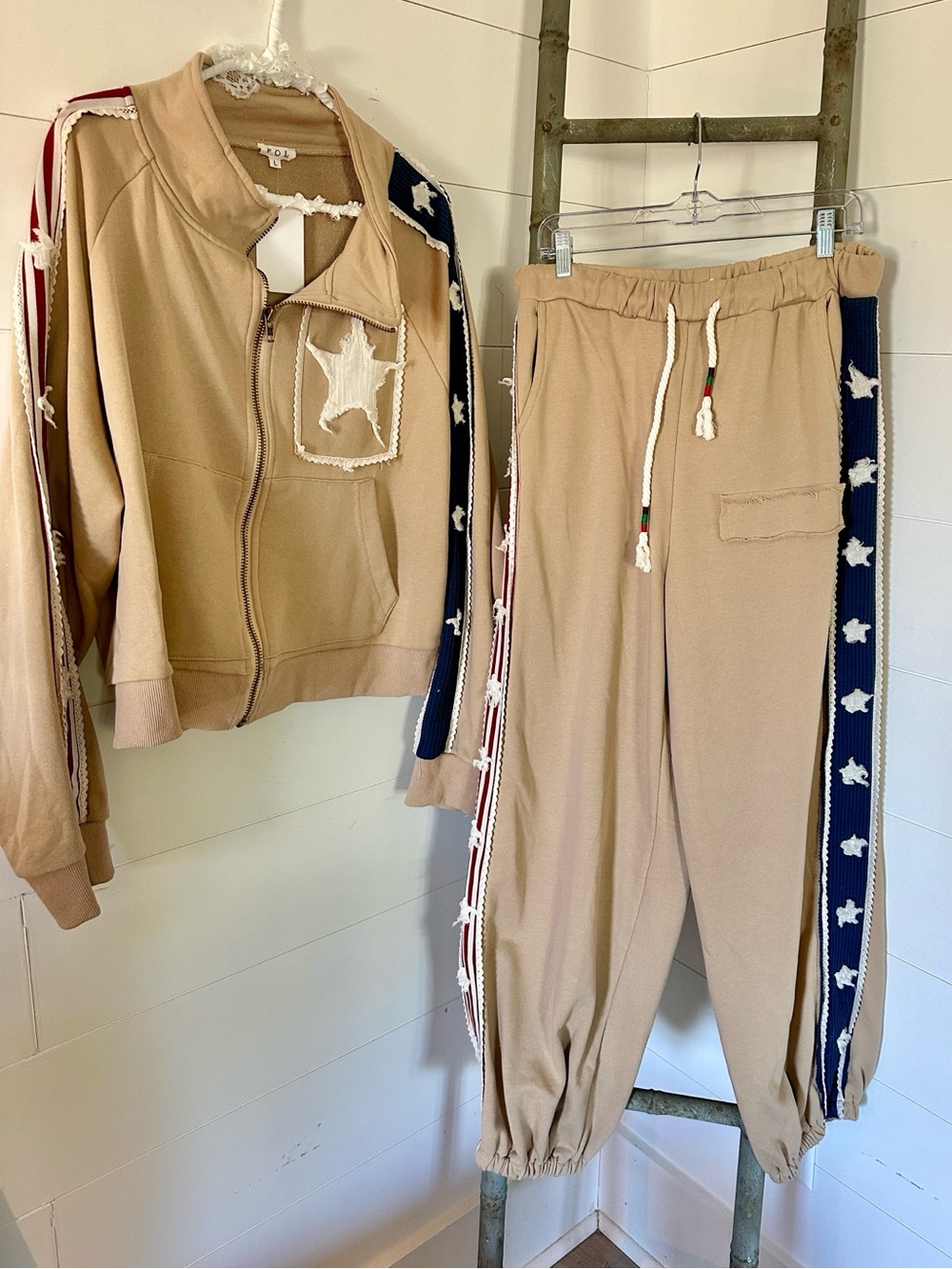 NEW Bestseller: The Americano Track Jacket & Joggers Set Tan Navy & Red Stripes